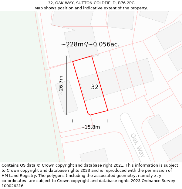 32, OAK WAY, SUTTON COLDFIELD, B76 2PG: Plot and title map