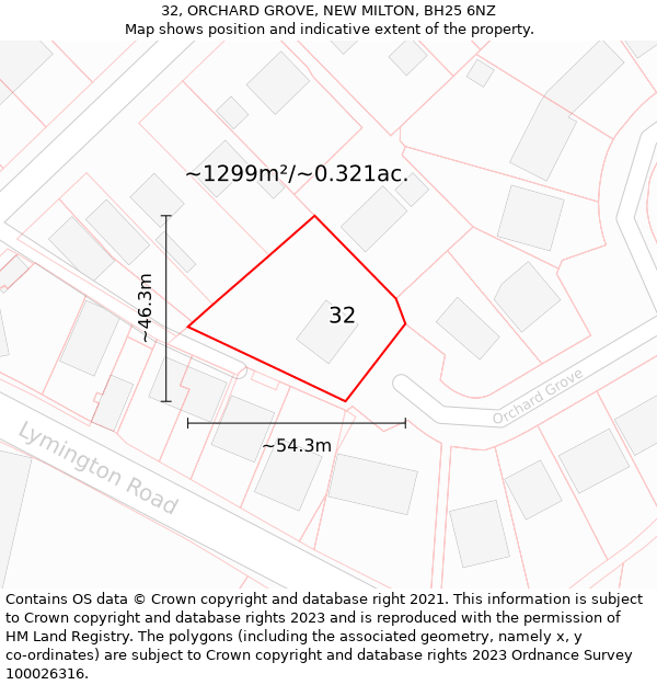 32, ORCHARD GROVE, NEW MILTON, BH25 6NZ: Plot and title map