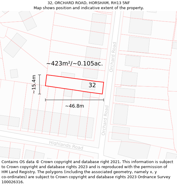 32, ORCHARD ROAD, HORSHAM, RH13 5NF: Plot and title map