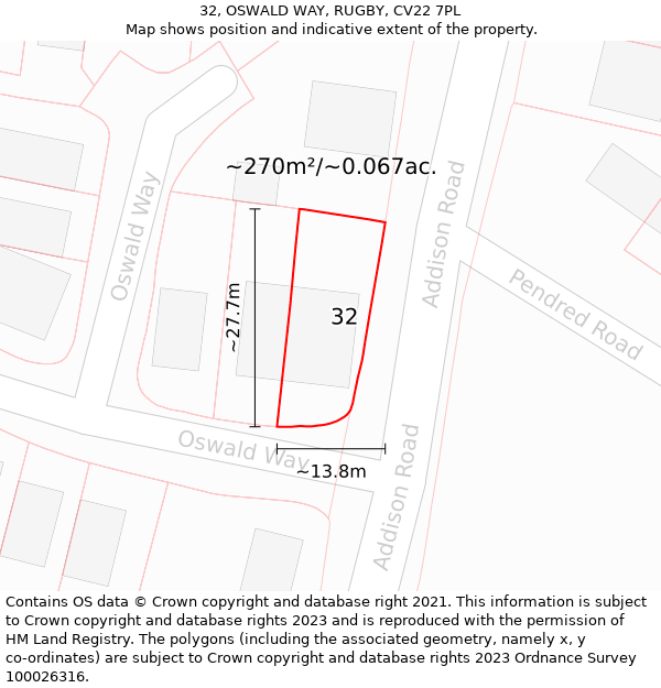 32, OSWALD WAY, RUGBY, CV22 7PL: Plot and title map