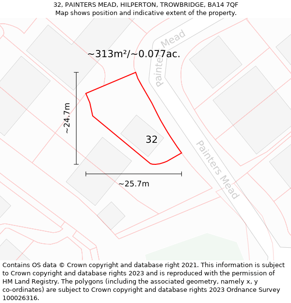 32, PAINTERS MEAD, HILPERTON, TROWBRIDGE, BA14 7QF: Plot and title map