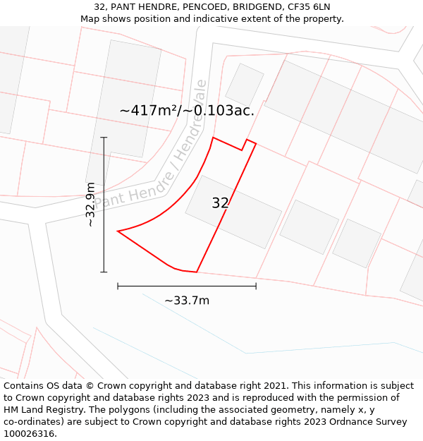 32, PANT HENDRE, PENCOED, BRIDGEND, CF35 6LN: Plot and title map
