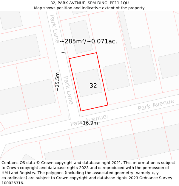 32, PARK AVENUE, SPALDING, PE11 1QU: Plot and title map