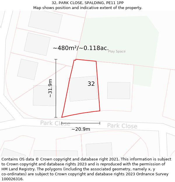 32, PARK CLOSE, SPALDING, PE11 1PP: Plot and title map