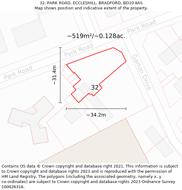 32, PARK ROAD, ECCLESHILL, BRADFORD, BD10 8AS: Plot and title map