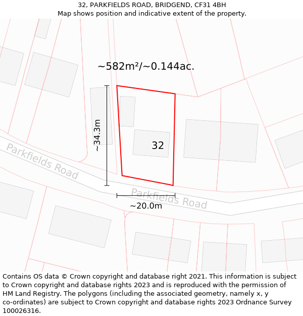 32, PARKFIELDS ROAD, BRIDGEND, CF31 4BH: Plot and title map