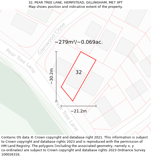 32, PEAR TREE LANE, HEMPSTEAD, GILLINGHAM, ME7 3PT: Plot and title map