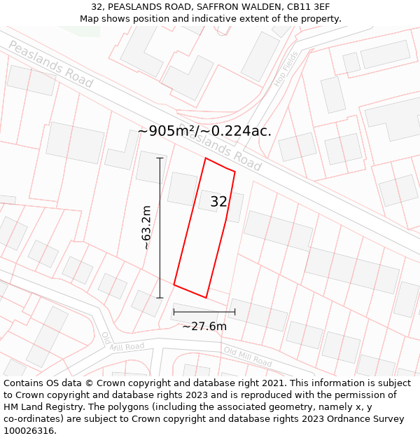 32, PEASLANDS ROAD, SAFFRON WALDEN, CB11 3EF: Plot and title map