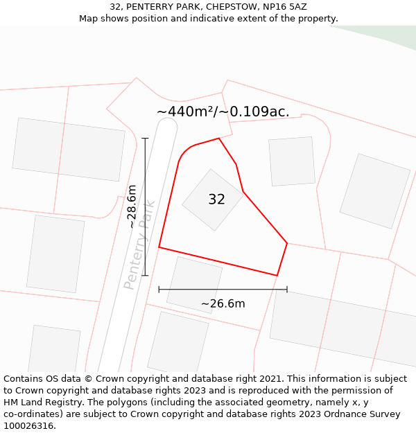 32, PENTERRY PARK, CHEPSTOW, NP16 5AZ: Plot and title map