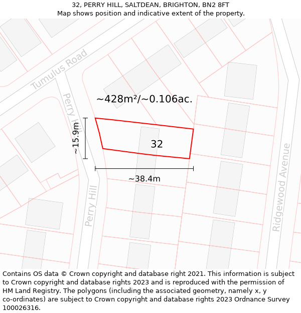 32, PERRY HILL, SALTDEAN, BRIGHTON, BN2 8FT: Plot and title map