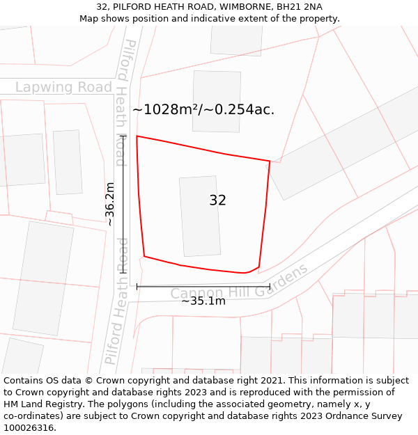 32, PILFORD HEATH ROAD, WIMBORNE, BH21 2NA: Plot and title map