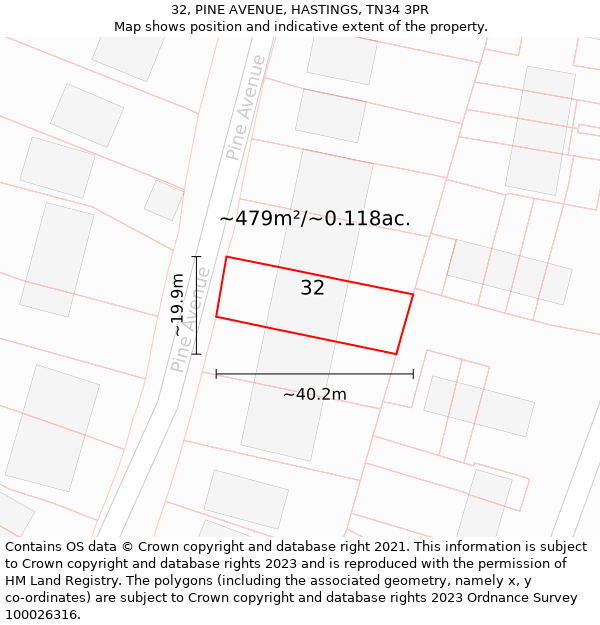 32, PINE AVENUE, HASTINGS, TN34 3PR: Plot and title map