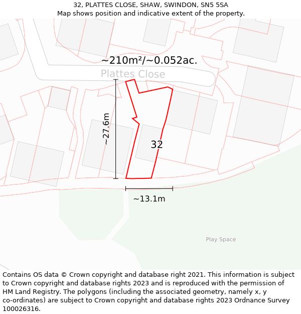 32, PLATTES CLOSE, SHAW, SWINDON, SN5 5SA: Plot and title map