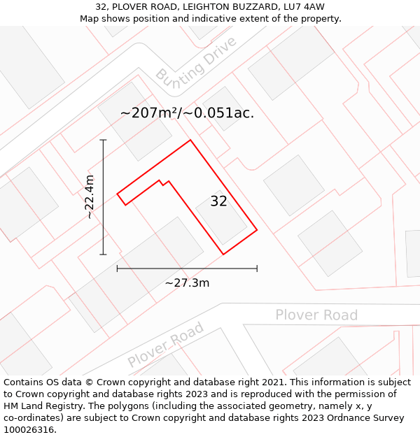 32, PLOVER ROAD, LEIGHTON BUZZARD, LU7 4AW: Plot and title map
