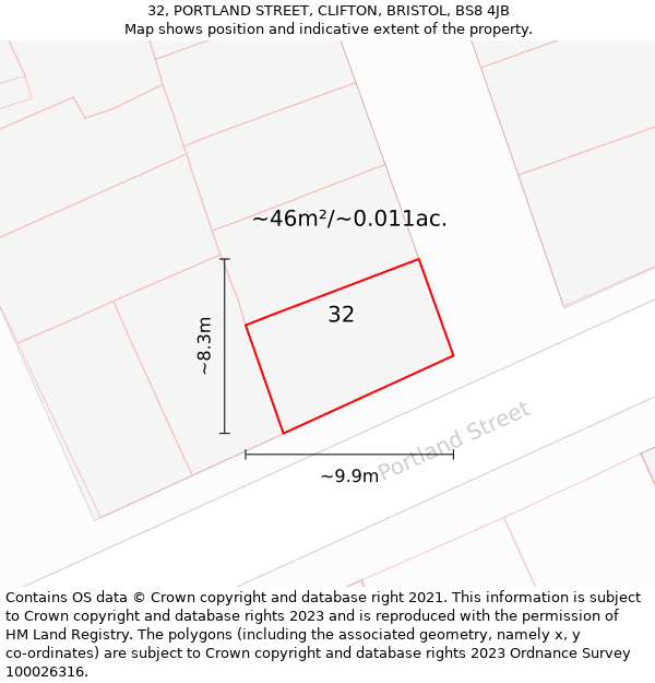 32, PORTLAND STREET, CLIFTON, BRISTOL, BS8 4JB: Plot and title map