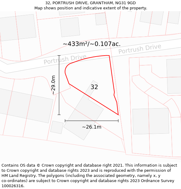 32, PORTRUSH DRIVE, GRANTHAM, NG31 9GD: Plot and title map