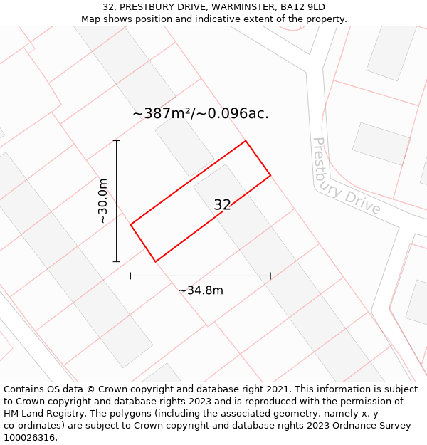 32, PRESTBURY DRIVE, WARMINSTER, BA12 9LD: Plot and title map