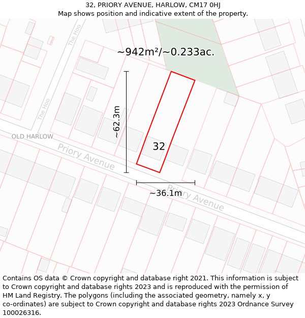 32, PRIORY AVENUE, HARLOW, CM17 0HJ: Plot and title map