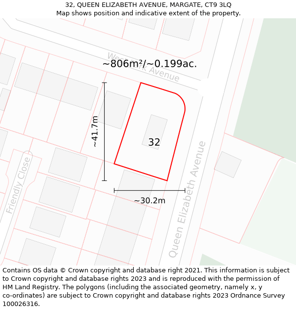 32, QUEEN ELIZABETH AVENUE, MARGATE, CT9 3LQ: Plot and title map