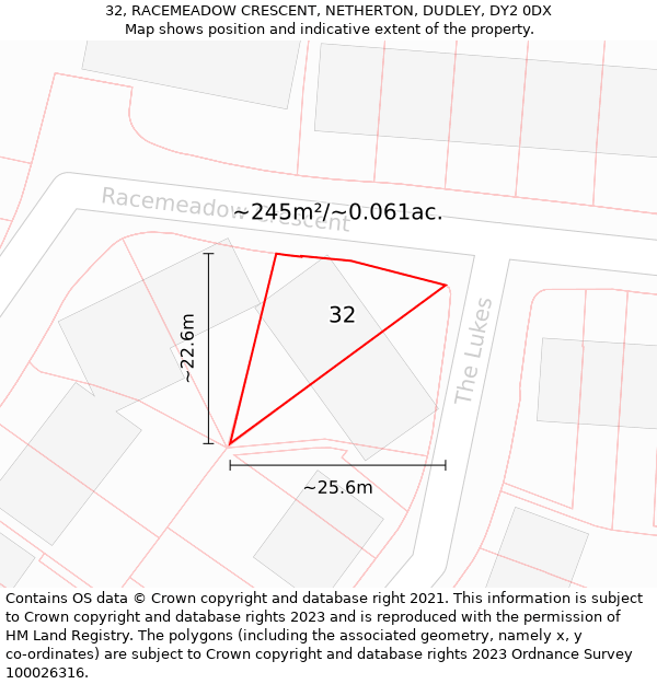 32, RACEMEADOW CRESCENT, NETHERTON, DUDLEY, DY2 0DX: Plot and title map