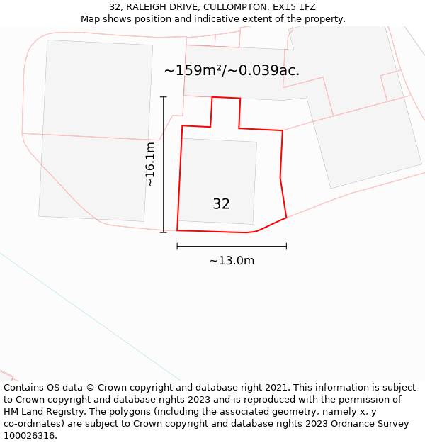 32, RALEIGH DRIVE, CULLOMPTON, EX15 1FZ: Plot and title map