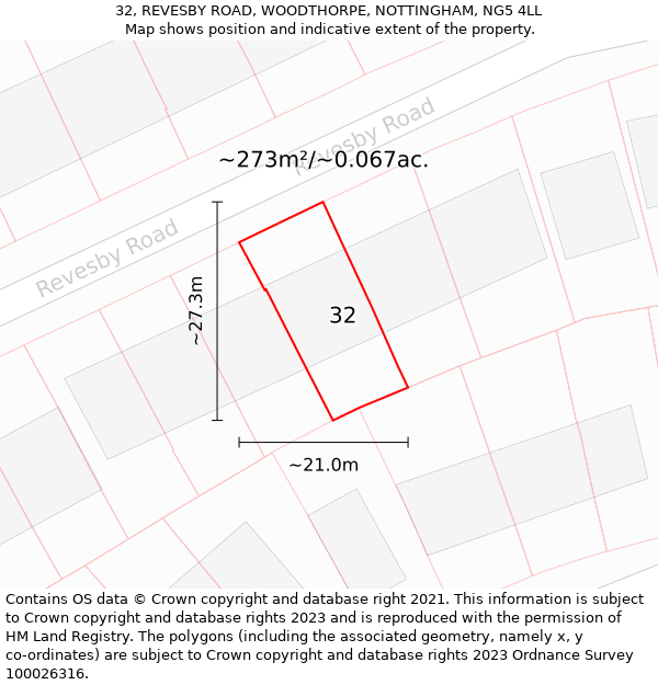 32, REVESBY ROAD, WOODTHORPE, NOTTINGHAM, NG5 4LL: Plot and title map