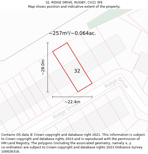 32, RIDGE DRIVE, RUGBY, CV21 3FE: Plot and title map