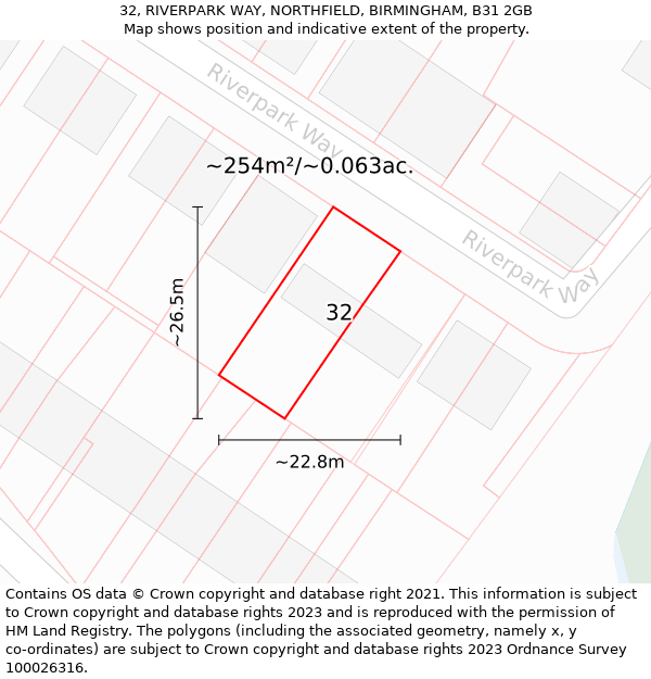 32, RIVERPARK WAY, NORTHFIELD, BIRMINGHAM, B31 2GB: Plot and title map