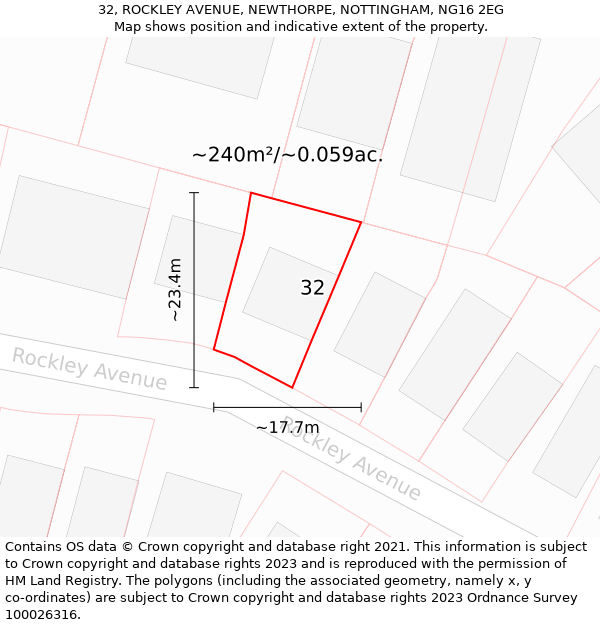 32, ROCKLEY AVENUE, NEWTHORPE, NOTTINGHAM, NG16 2EG: Plot and title map