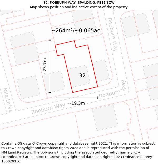 32, ROEBURN WAY, SPALDING, PE11 3ZW: Plot and title map