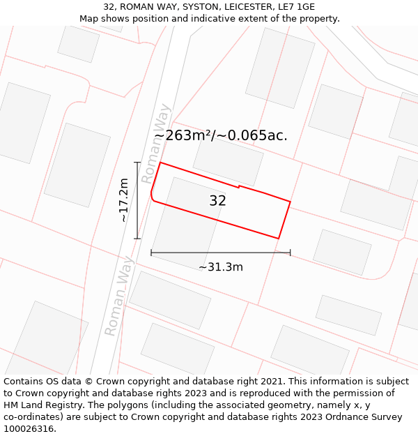 32, ROMAN WAY, SYSTON, LEICESTER, LE7 1GE: Plot and title map