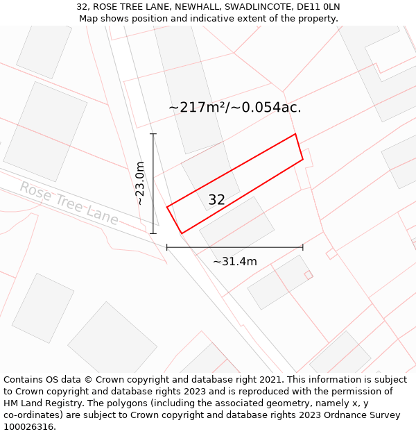 32, ROSE TREE LANE, NEWHALL, SWADLINCOTE, DE11 0LN: Plot and title map