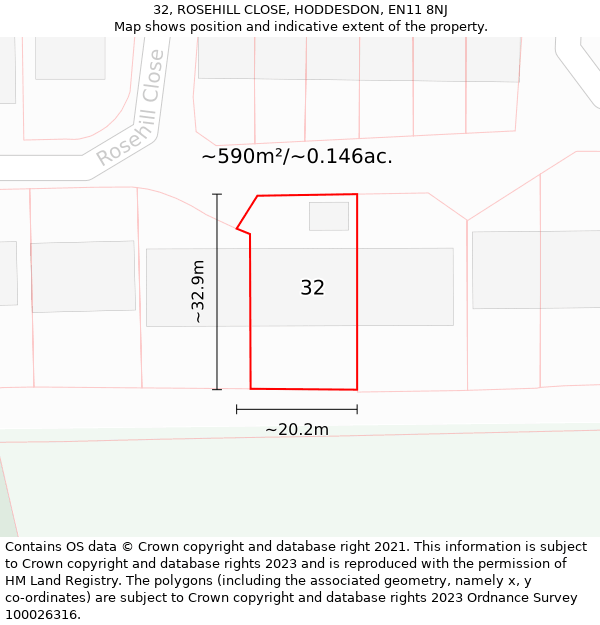 32, ROSEHILL CLOSE, HODDESDON, EN11 8NJ: Plot and title map