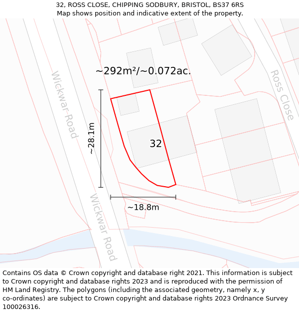 32, ROSS CLOSE, CHIPPING SODBURY, BRISTOL, BS37 6RS: Plot and title map