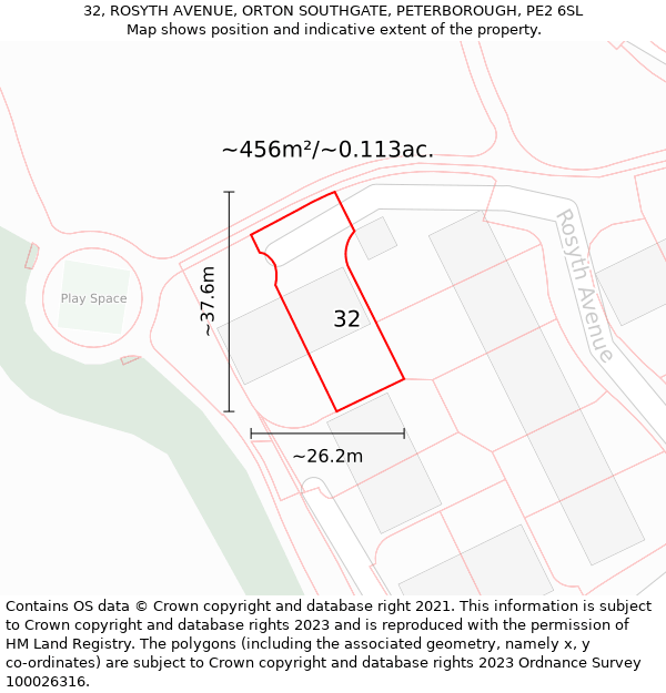 32, ROSYTH AVENUE, ORTON SOUTHGATE, PETERBOROUGH, PE2 6SL: Plot and title map