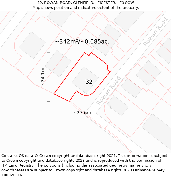 32, ROWAN ROAD, GLENFIELD, LEICESTER, LE3 8GW: Plot and title map