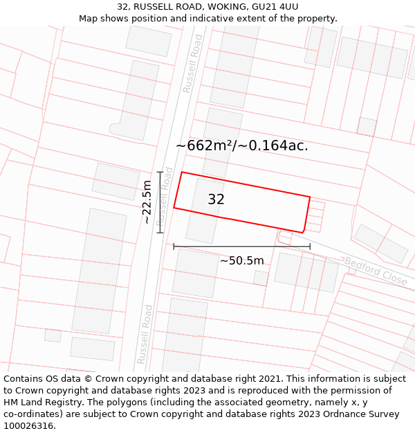 32, RUSSELL ROAD, WOKING, GU21 4UU: Plot and title map