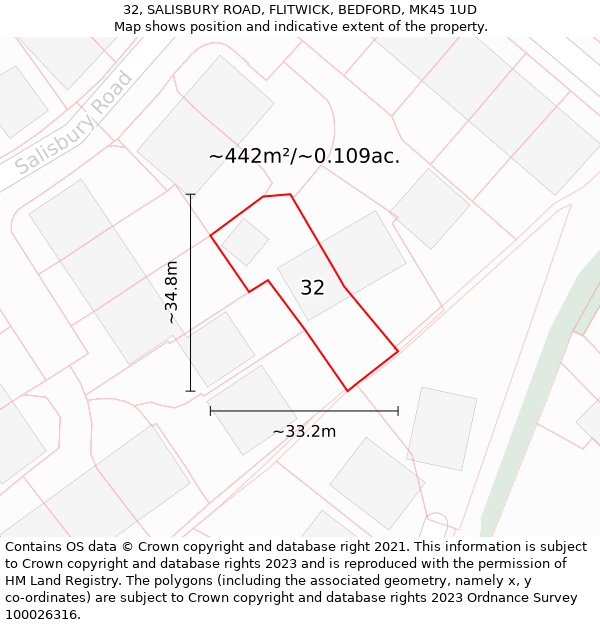 32, SALISBURY ROAD, FLITWICK, BEDFORD, MK45 1UD: Plot and title map