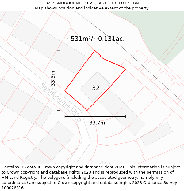 32, SANDBOURNE DRIVE, BEWDLEY, DY12 1BN: Plot and title map