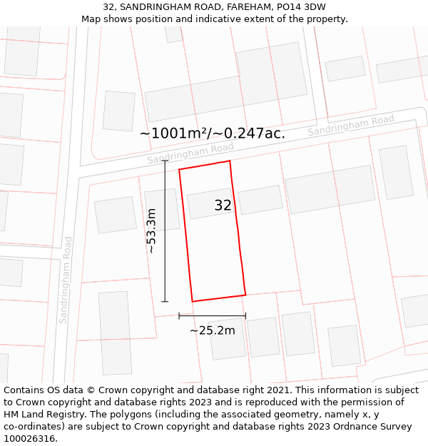 32, SANDRINGHAM ROAD, FAREHAM, PO14 3DW: Plot and title map