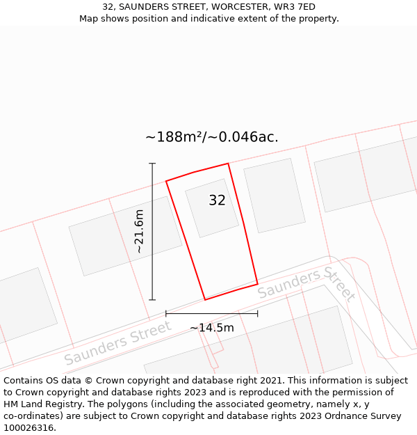 32, SAUNDERS STREET, WORCESTER, WR3 7ED: Plot and title map