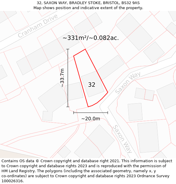 32, SAXON WAY, BRADLEY STOKE, BRISTOL, BS32 9AS: Plot and title map