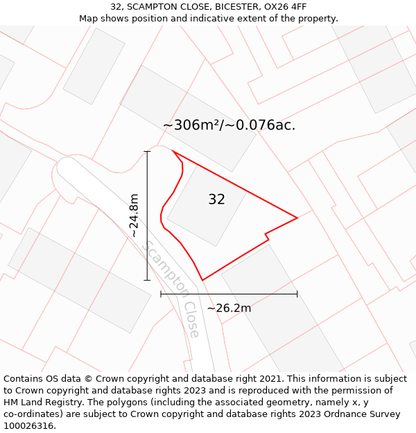 32, SCAMPTON CLOSE, BICESTER, OX26 4FF: Plot and title map