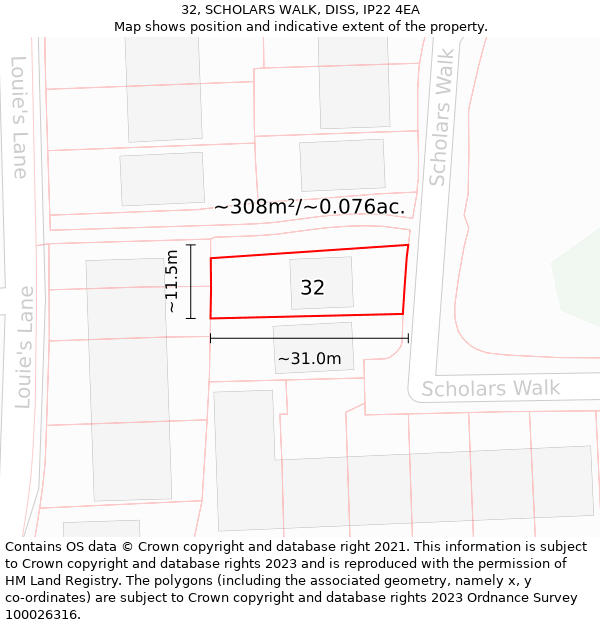 32, SCHOLARS WALK, DISS, IP22 4EA: Plot and title map