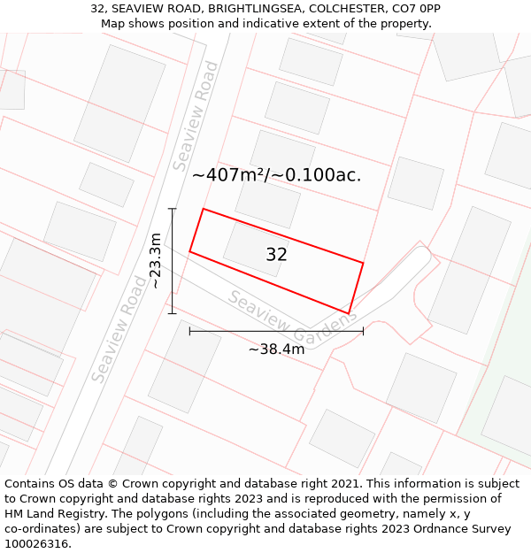 32, SEAVIEW ROAD, BRIGHTLINGSEA, COLCHESTER, CO7 0PP: Plot and title map