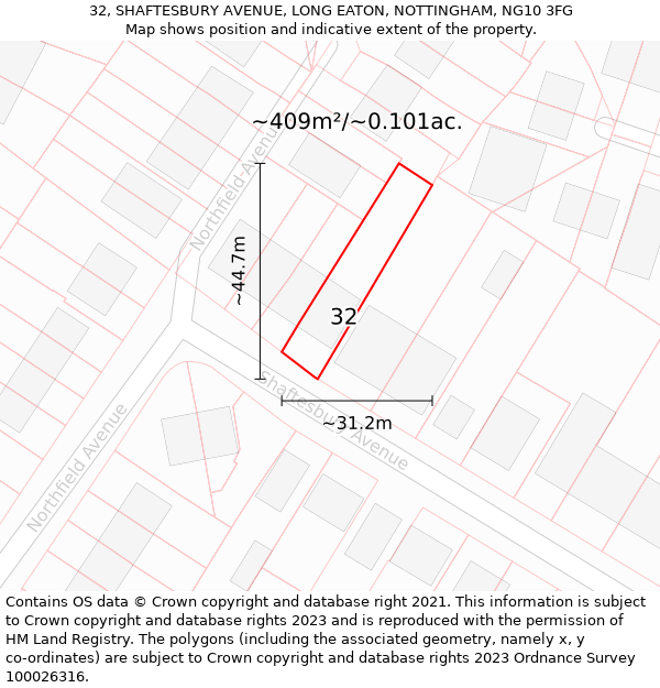 32, SHAFTESBURY AVENUE, LONG EATON, NOTTINGHAM, NG10 3FG: Plot and title map