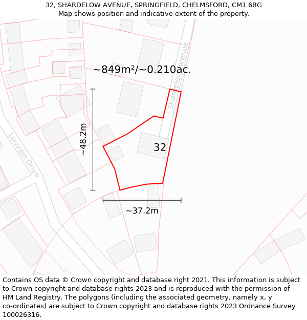 32, SHARDELOW AVENUE, SPRINGFIELD, CHELMSFORD, CM1 6BG: Plot and title map