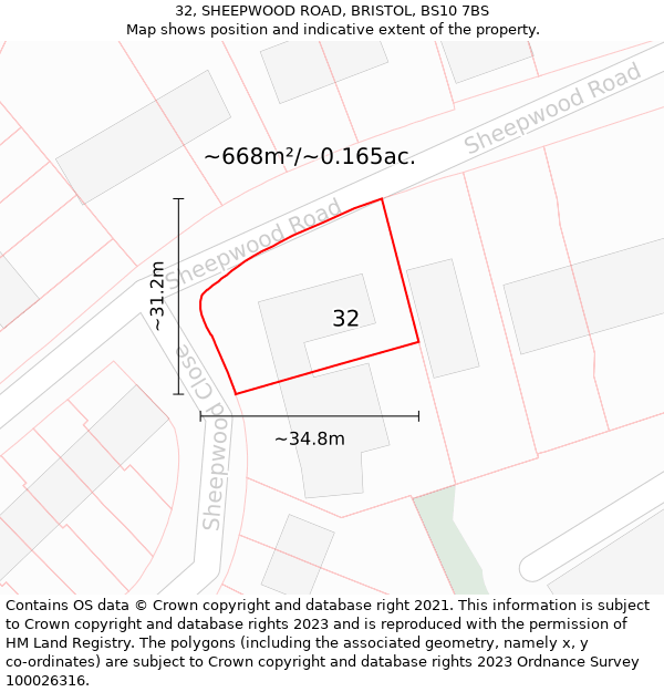 32, SHEEPWOOD ROAD, BRISTOL, BS10 7BS: Plot and title map