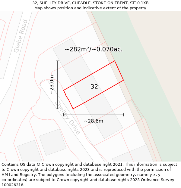 32, SHELLEY DRIVE, CHEADLE, STOKE-ON-TRENT, ST10 1XR: Plot and title map