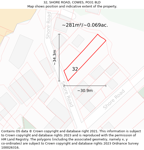 32, SHORE ROAD, COWES, PO31 8LD: Plot and title map